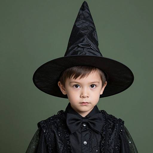 Photograph of a young Asian boy with fair skin, wearing a large black witch hat and a black, ruffled, sequined costume, against a