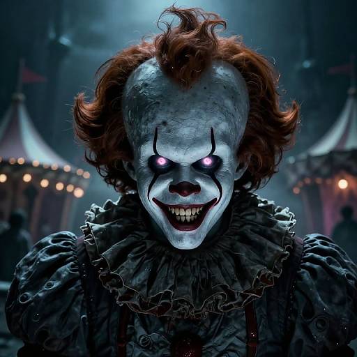 Digital artwork of a creepy clown with pale blue face paint, glowing purple eyes, and a wide, menacing grin, standing in a dimly lit carnival