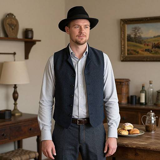 Photograph of a handsome man with light skin and short brown hair, wearing a black hat, white shirt, and black vest, standing in a rustic