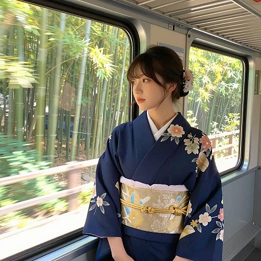 Serene Young Woman in Floral Kimono