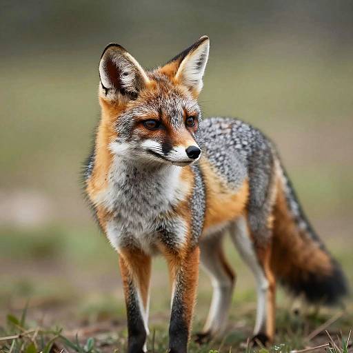Photograph of a red fox with orange fur, white chest, black legs, and gray-speckled back, standing alert in a grassy field