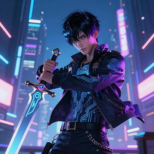 Digital anime-style illustration of a black-haired, intense-eyed young man holding a glowing neon sword in a futuristic, neon-lit cityscape.