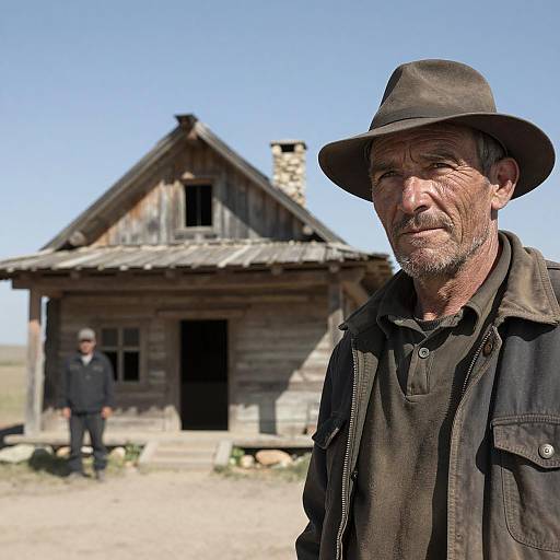 Rustic Scene with Rugged Man and Building