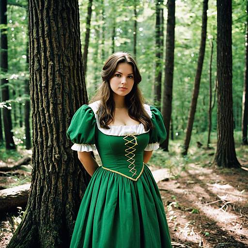 Woman in Green Historic Dress in Forest