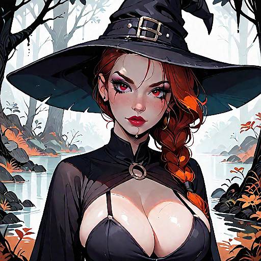 Digital art of a sexy, red-haired witch with large breasts, wearing a black hat and revealing top, set in a spooky forest.