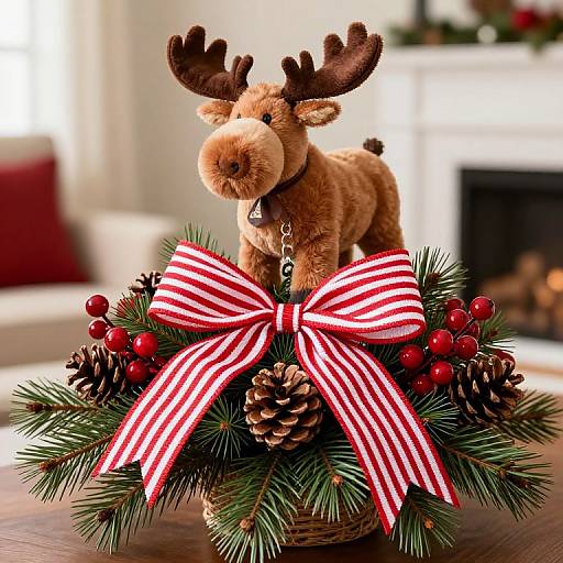Photograph of a plush reindeer with brown fur, standing on a festive wreath adorned with red berries, pine cones, and a large red-and