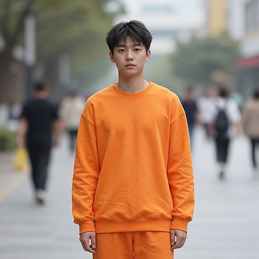 Photograph of an Asian man with short black hair, wearing a bright orange sweatshirt and matching pants, standing on a city street with blurred pedestrians and