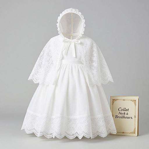 Photograph of a white lace baby dress with scalloped edges, displayed on a mannequin, next to a 