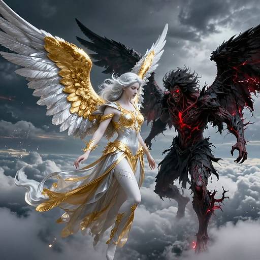 Digital artwork of a white-winged angel with golden wings and armor facing a dark, demonic creature with black wings and red eyes amidst cloudy skies.