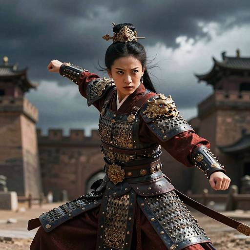 Photorealistic digital artwork of a fierce Asian warrior woman in ornate black and gold armor, poised for battle, with a dramatic cloudy sky and traditional