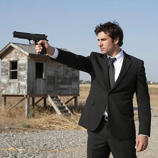 Intense Man Aiming Handgun Outdoors