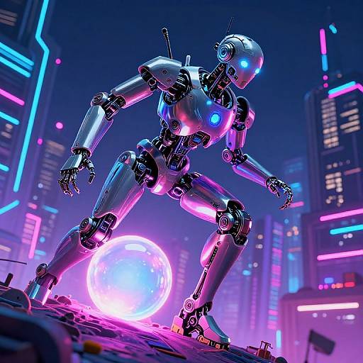 Neon-lit cyberpunk cityscape: silver, glowing-blue robot with neon accents stands powerfully on rocky ground, large pink-and-blue orb behind