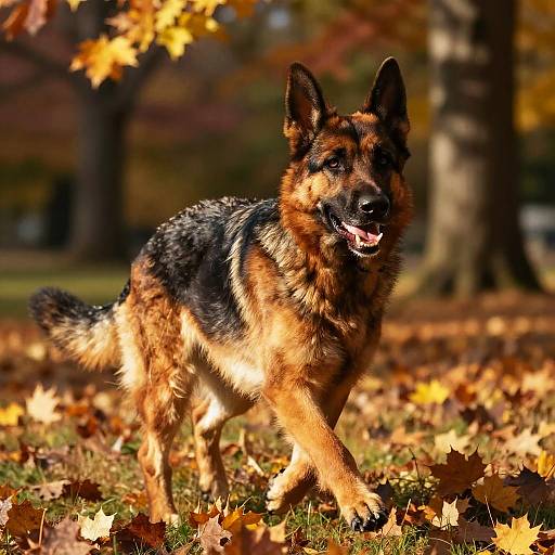 Photograph of a German Shepherd dog with black and tan fur, smiling, walking through a sunlit autumn park with yellow and orange leaves.