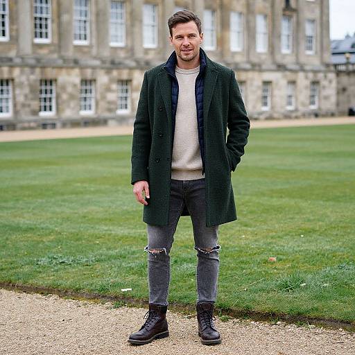 Photograph of a bearded man with short brown hair, wearing a dark green coat, beige sweater, ripped gray jeans, and black boots, standing