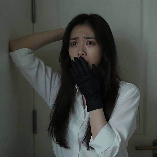 Fearful Woman in Dimly Lit Room