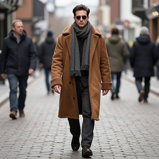 Photograph of a stylish man in a brown shearling coat, gray scarf, and sunglasses walking down a cobblestone urban street. Blurred pedestrians