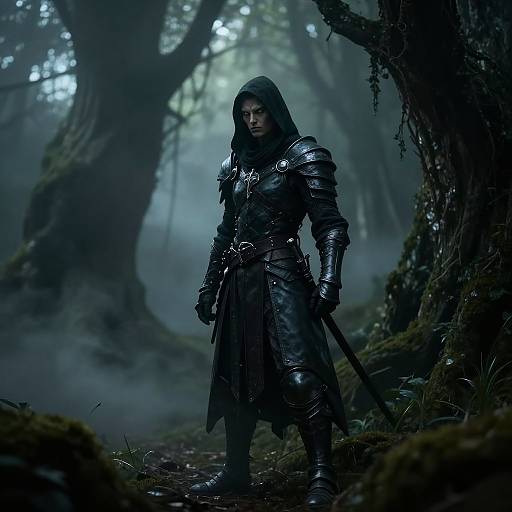 Photograph-like digital art of a stern, armored warrior in dark leather and steel with hooded cloak, standing in a misty, dark forest.