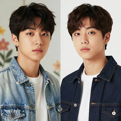 Photograph of an Asian man with black, tousled hair, wearing a light blue denim jacket (left) and a dark blue denim jacket (right