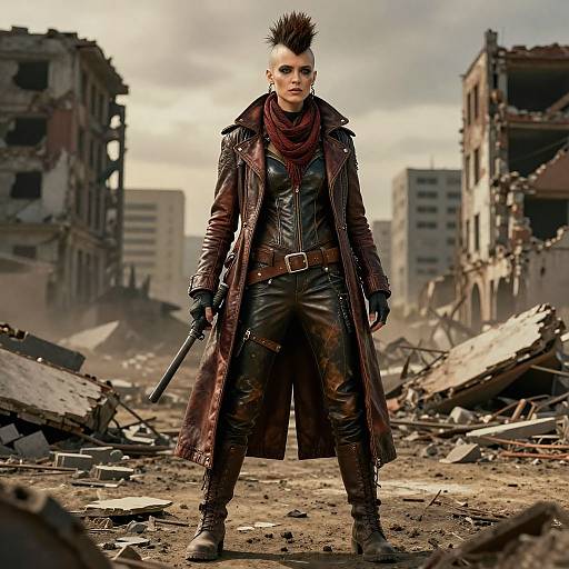 Photograph of a tough, punk-styled woman with a mohawk, wearing a long dark coat, leather outfit, and gloves, standing in a