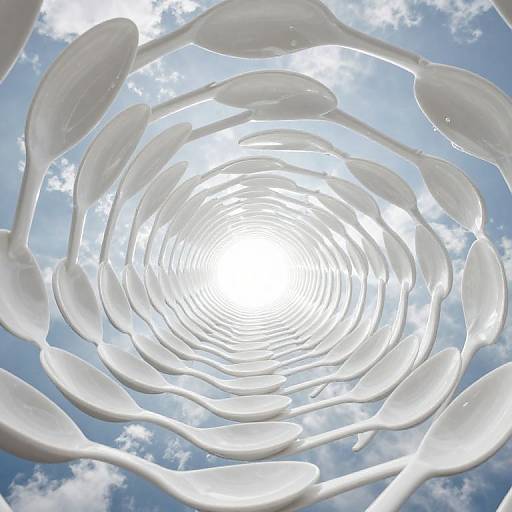 Whimsical digital artwork: white, fluid, petal-like shapes form a spiral rose against a bright, cloudy blue sky background.