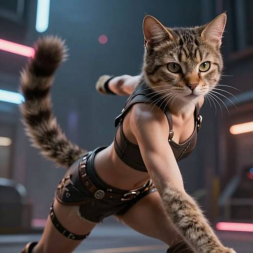 CGI image of an anthropomorphic, muscular female tabby cat in black leather harness and shorts, striking a fighting pose in a neon-lit urban