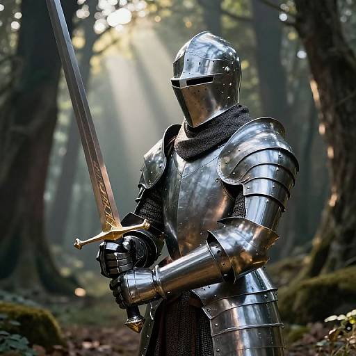 Photograph of a medieval knight in polished silver armor, holding a sword, standing in a sunlit forest with beams of light filtering through the trees.