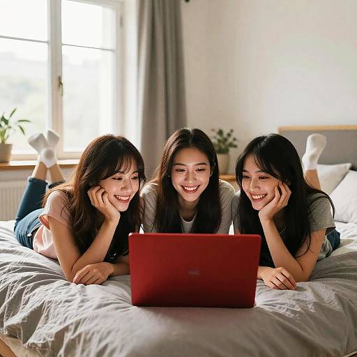 Three Friends Relaxing with Red Laptop