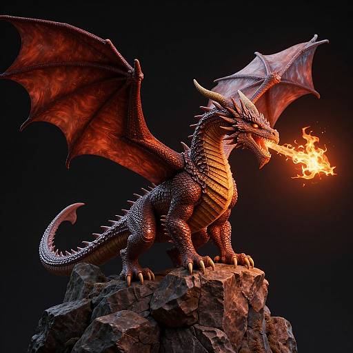 Digital CGI of a fierce, red-scaled dragon with large, membranous wings, breathing fire, standing on a rocky peak against a black background