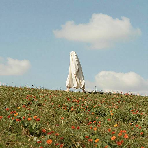 Surreal Floating Figure Over Flowered Hills