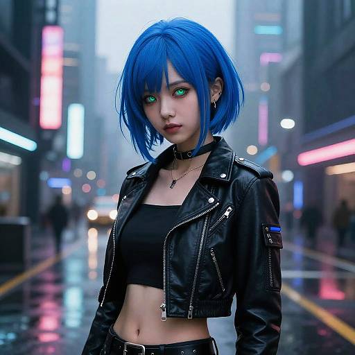 Digital artwork of an anime-style woman with bright blue bob haircut, green eyes, black leather jacket, and crop top, standing in a neon-lit