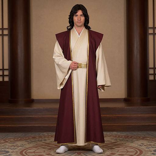 Photograph of a young man with long black hair, wearing a traditional maroon and cream robe, white shoes, standing in an elegant, beige-w