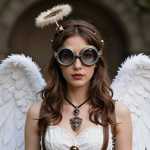 Photograph of a young woman with dark brown hair, white feathered angel wings, round goggles, halo headpiece, and a lace-trimmed