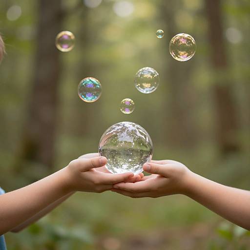 Photograph of child's hands holding a clear glass bubble, surrounded by floating iridescent bubbles, in a sunlit forest.