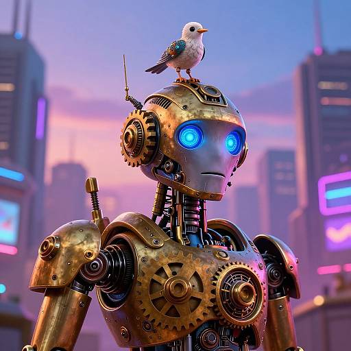 Hyperrealistic Steampunk Robot with Mechanical Bird