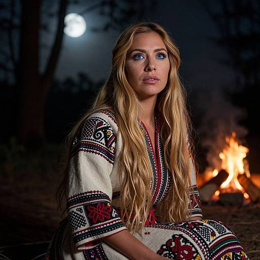 Photograph of a blonde woman with long wavy hair, blue eyes, wearing a patterned white and red dress, sitting by a campfire at