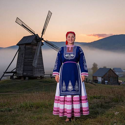 Photograph of a smiling woman in traditional blue and white embroidered dress with red headscarf, standing in front of a wooden windmill at sunrise,