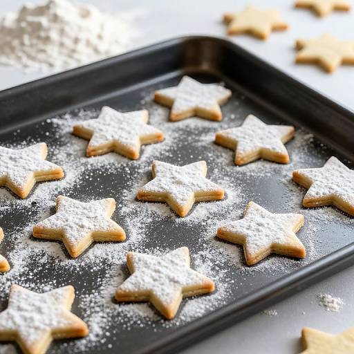 Photograph of a black baking tray filled with star-shaped sugar cookies, lightly dusted with powdered sugar, arranged in a grid pattern.