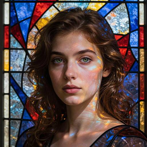 Photograph of a young woman with green eyes, wavy brown hair, and fair skin, illuminated by colorful stained glass light, creating a halo effect