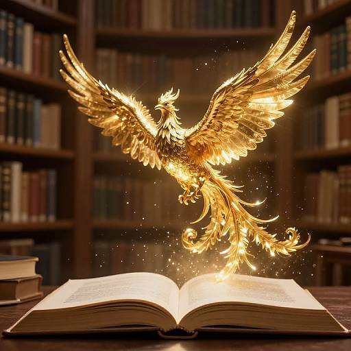 Golden phoenix emerges from open book in library, wings spread, surrounded by sparkles, books in background, magical, illuminated.