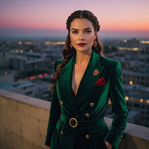 Elegant Woman in Emerald Velvet Tuxedo at Sunset