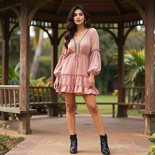 Photograph of a dark-haired woman in a pink, long-sleeved, ruffled dress and black ankle boots, standing in a wooden gazebo