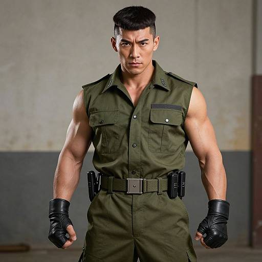 Photograph of a muscular Asian man with short black hair, wearing a sleeveless green military-style uniform, black gloves, and belt with holsters,