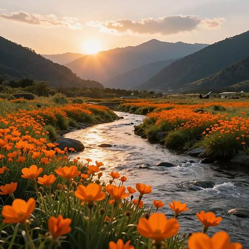 Photograph of a vibrant orange wildflower meadow along a flowing stream, with sunlit mountains and a cloudy sky at sunset.