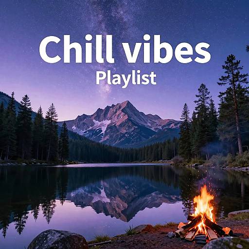 Photograph of a nighttime mountain lake with a starry sky, reflected in the water, a campfire in the foreground, and text 