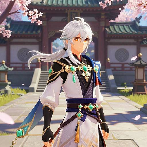 Digital anime-style drawing of a white-haired, amber-eyed male character in elaborate black and white attire with green gem accents, standing in front of a traditional