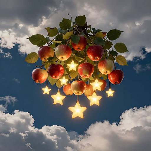 Photograph of a cluster of red apples with glowing yellow stars, hanging against a bright blue sky with fluffy white clouds.