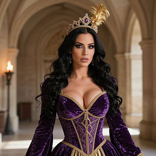 Photograph of a dark-haired woman with large breasts, wearing a purple velvet gown with gold trim, a gold feathered crown, and standing in a