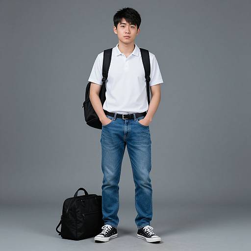 Photograph of a young Asian man with short black hair, wearing a white polo shirt, blue jeans, black backpack, and black sneakers, standing against