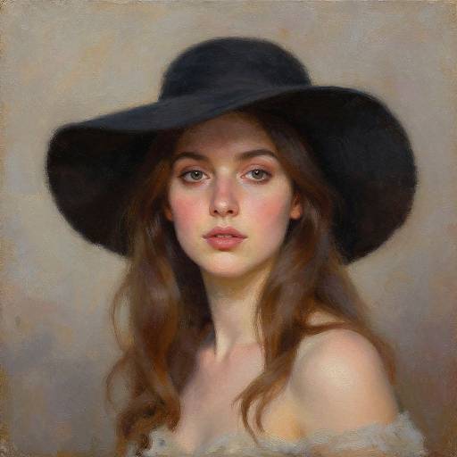 Realistic digital painting of a young woman with fair skin, long brown hair, and pink cheeks, wearing a black wide-brimmed hat and off