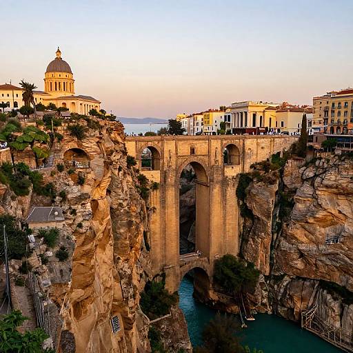 Photograph of the Golden Hour view of Rialto Bridge in Venice, Italy, with St. Mark's Basilica dome on a rocky cliff.